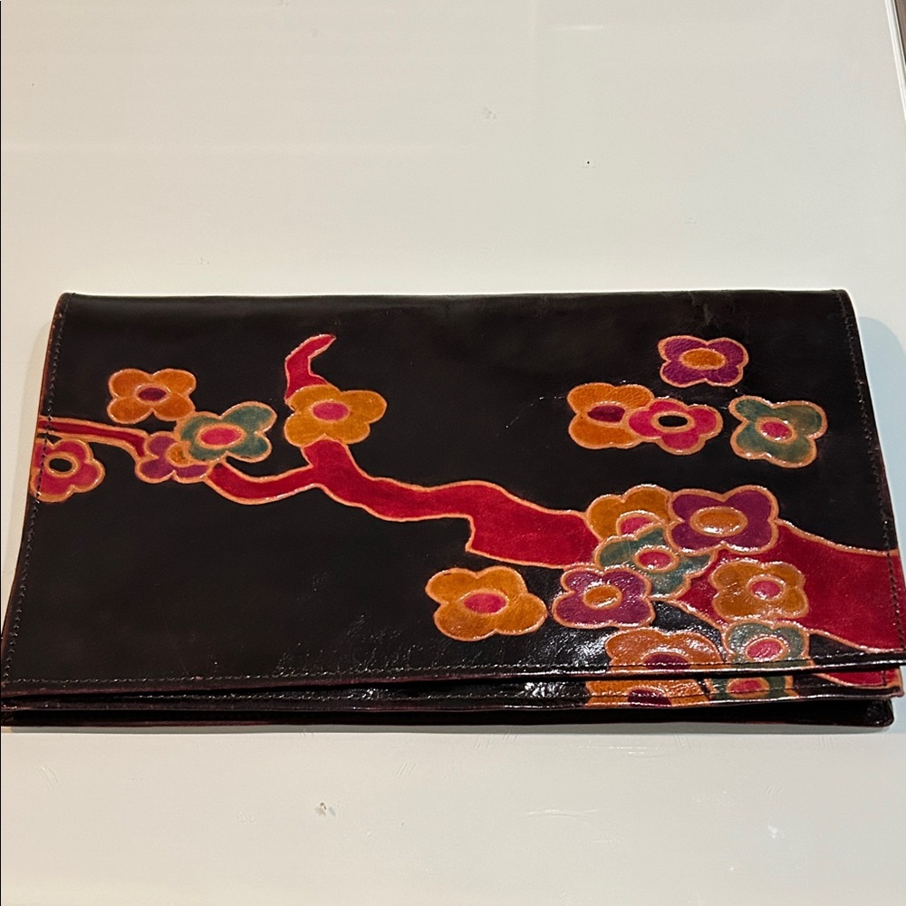 Vintage large Leather Clutch purse  with Multicolor flower accents  India